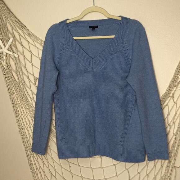 TALBOTS Petite Light Blue Heather Cashmere-Blend V-Neck Shaker-Stitch Sweater MP - Picture 1 of 7